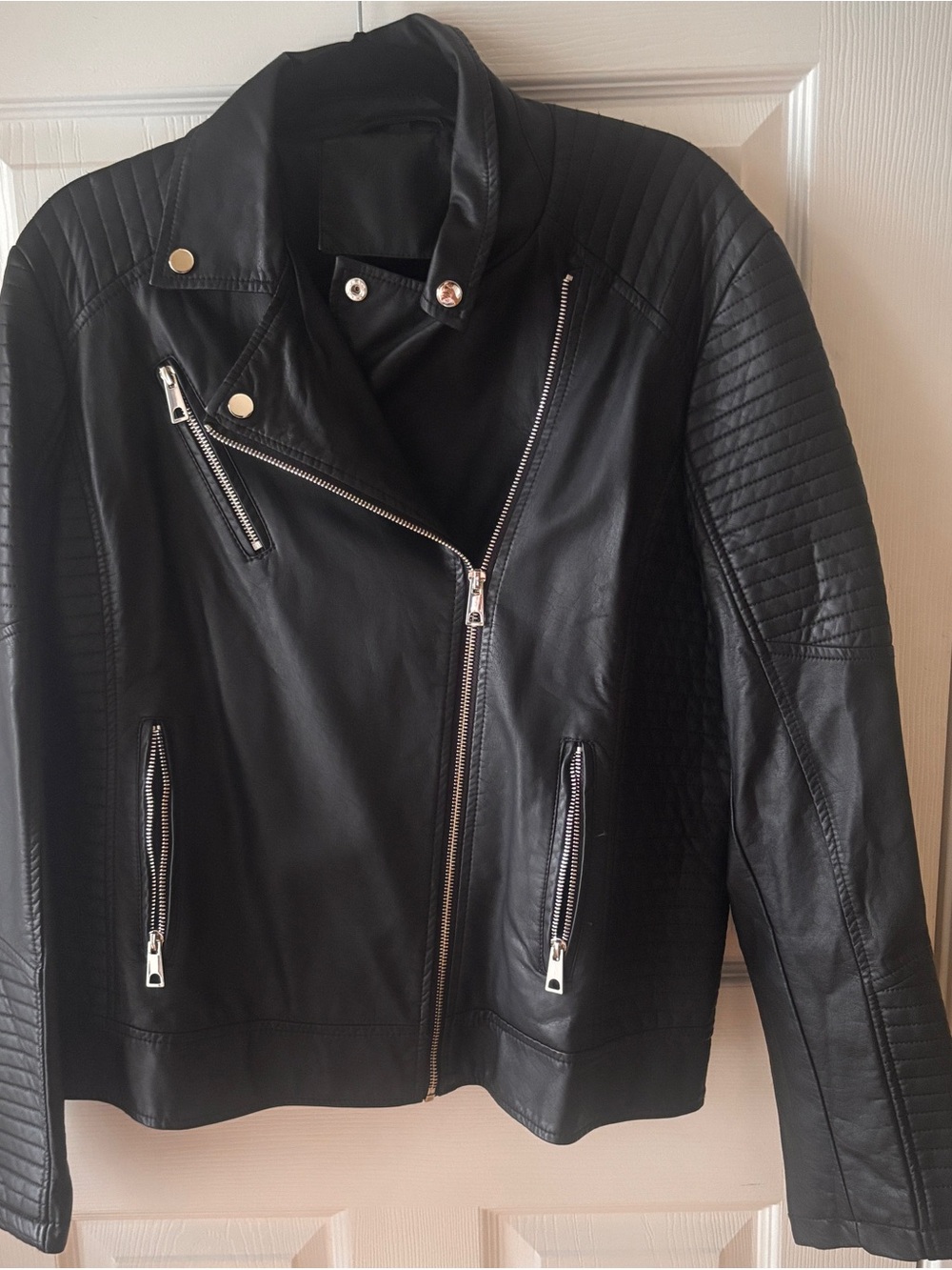 Women’s Black Moto Biker Jacket XXL Quilted Panels Asymmetrical Zip